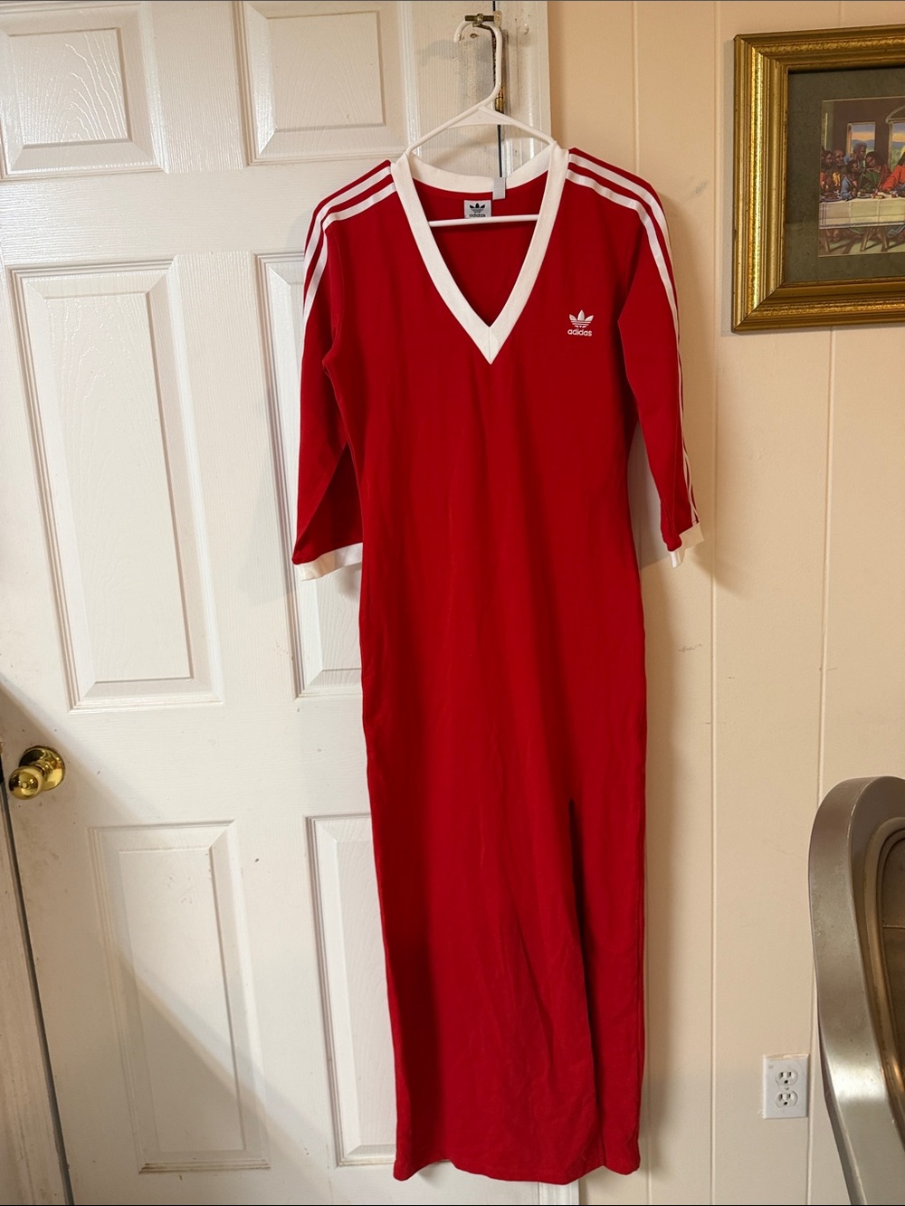 adidas Red Long V-Neck Women maxi dress with White Trim